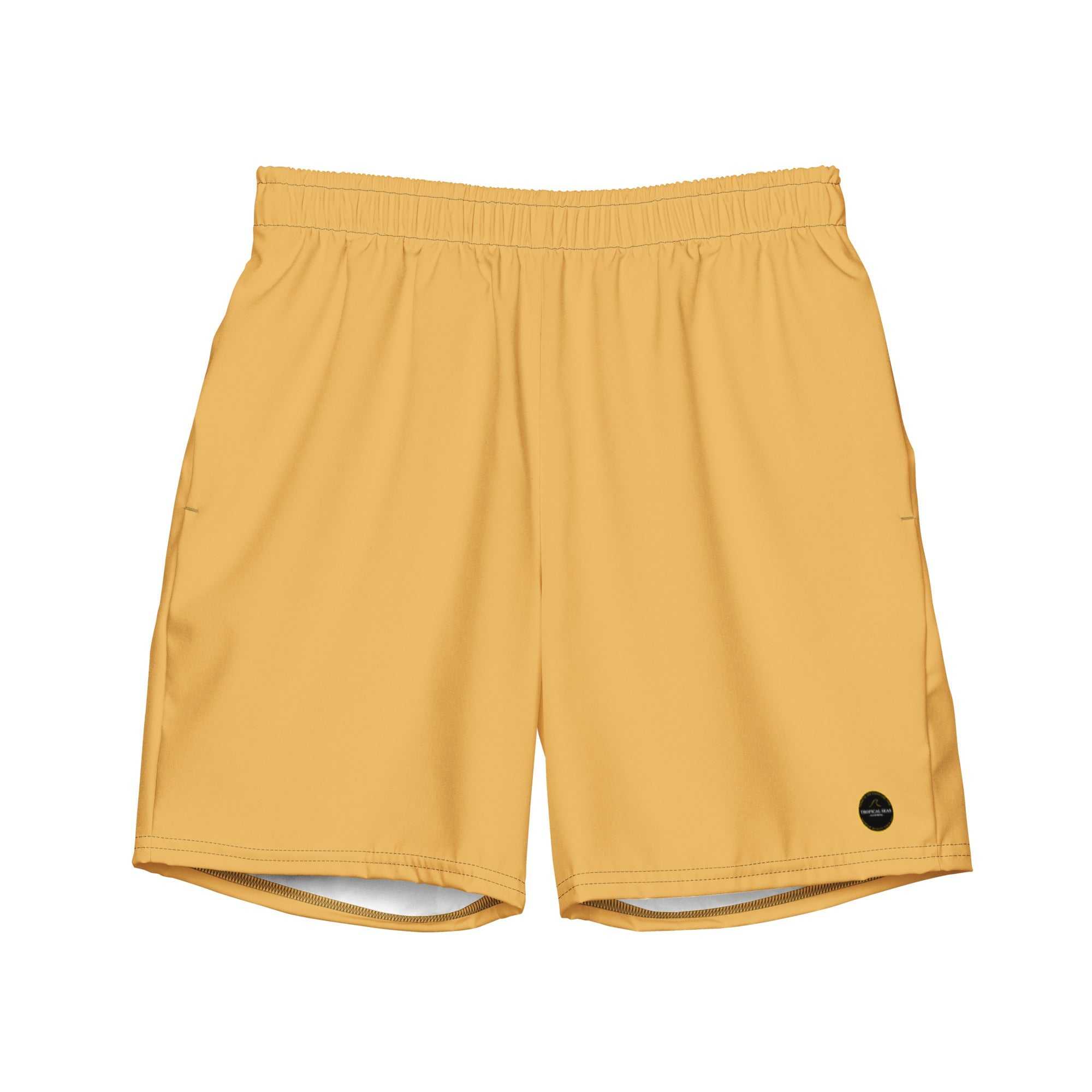 Men's gold eco board shorts made from recycled microfiber fabric with adjustable waistband and water-repellent finish.
