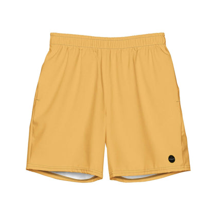 Men's gold eco board shorts made from recycled microfiber fabric with adjustable waistband and water-repellent finish.