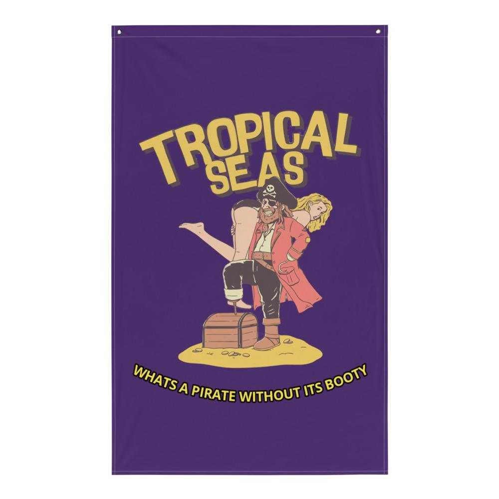 Purple pirate flag with a pirate and woman illustration and tropical seas text
