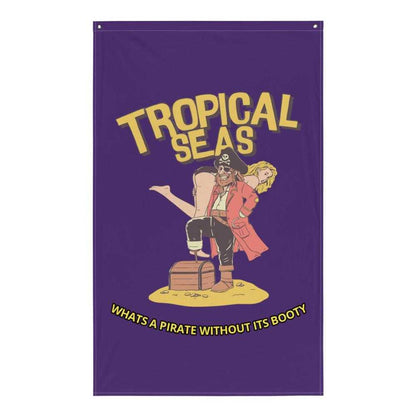 Purple pirate flag with a pirate and woman illustration and tropical seas text