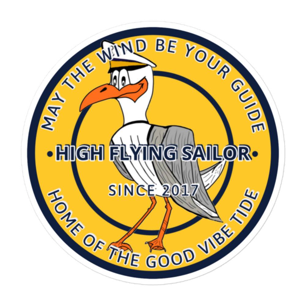 Round High Flying Sailor sticker with a cartoon sailor bird, motivational text, and navy yellow color scheme
