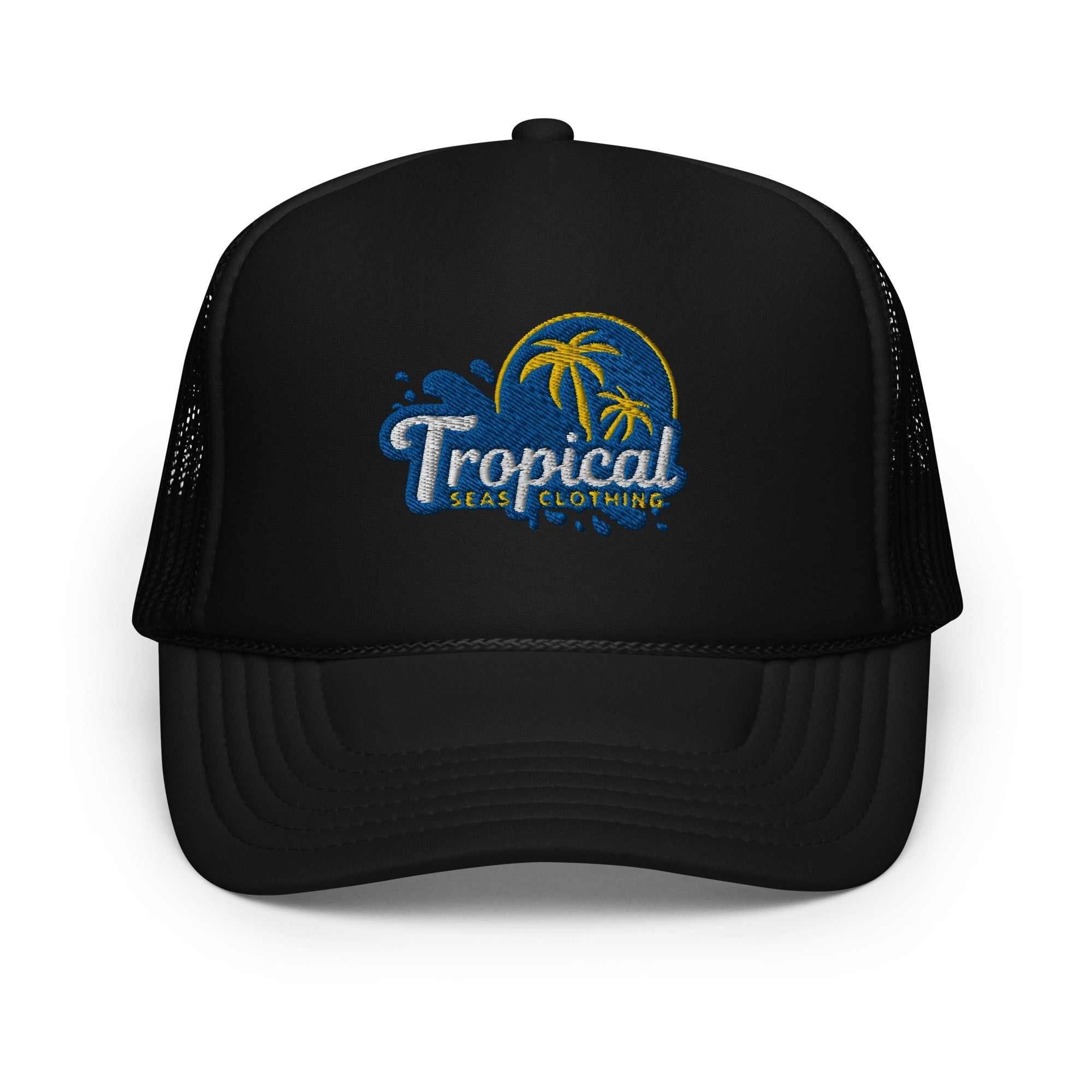 Black Tropical Tides Foam Trucker Hat with embroidered palm tree and ocean design, adjustable snapback, and curved visor