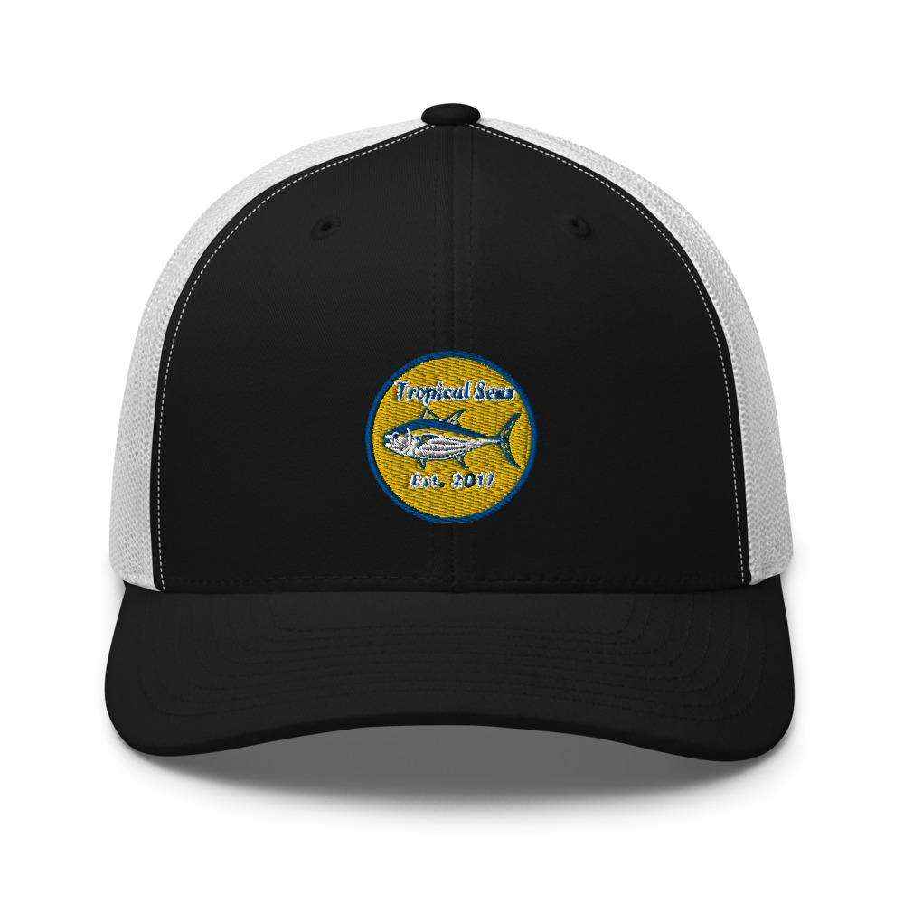 Black and white Tuna Tuna Tuna Fishing Trucker Hat with tropical fish patch and mesh back