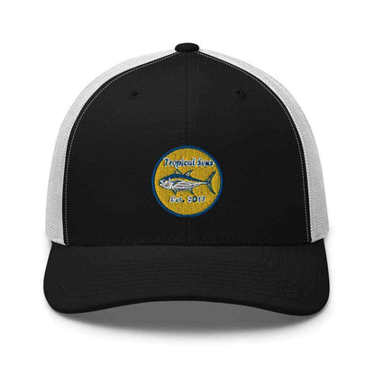 Black and white Tuna Tuna Tuna Fishing Trucker Hat with tropical fish patch and mesh back