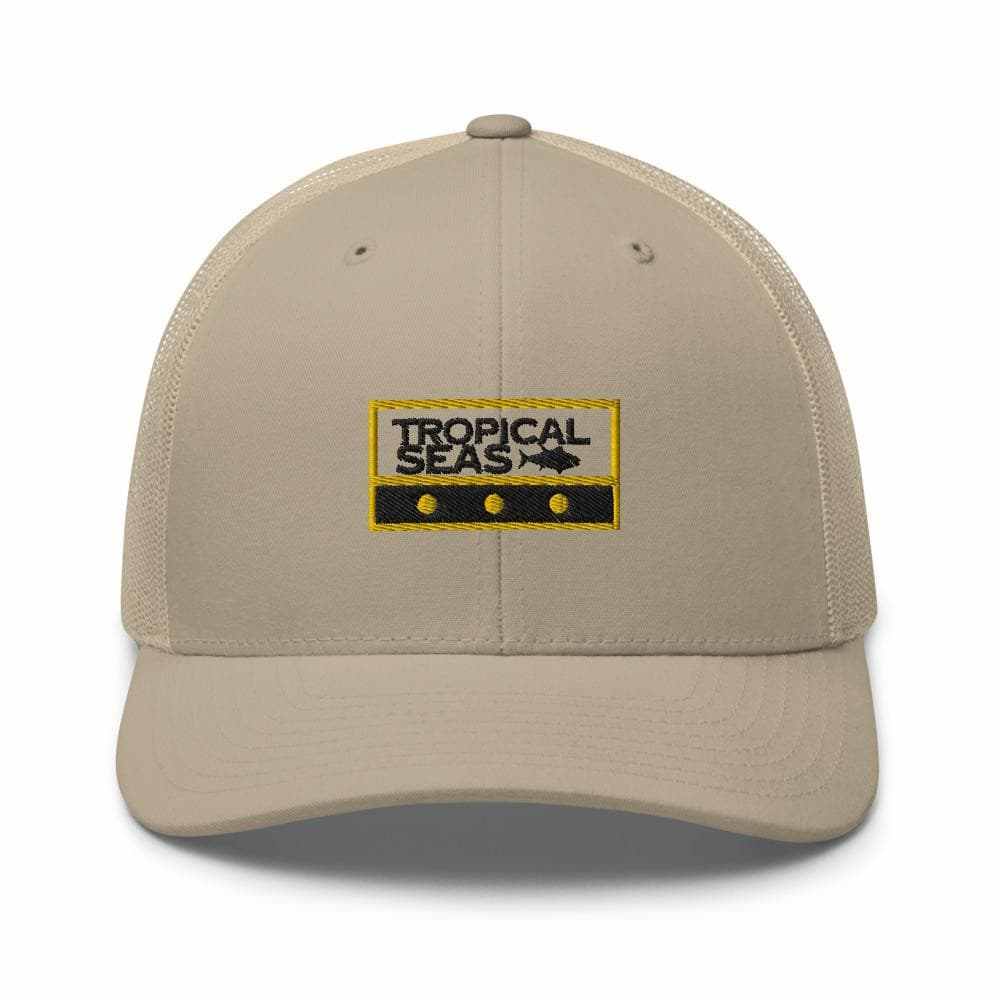 Beige Tuna Fishing Trucker Hat with "Tropical Seas" embroidered patch and breathable mesh back.