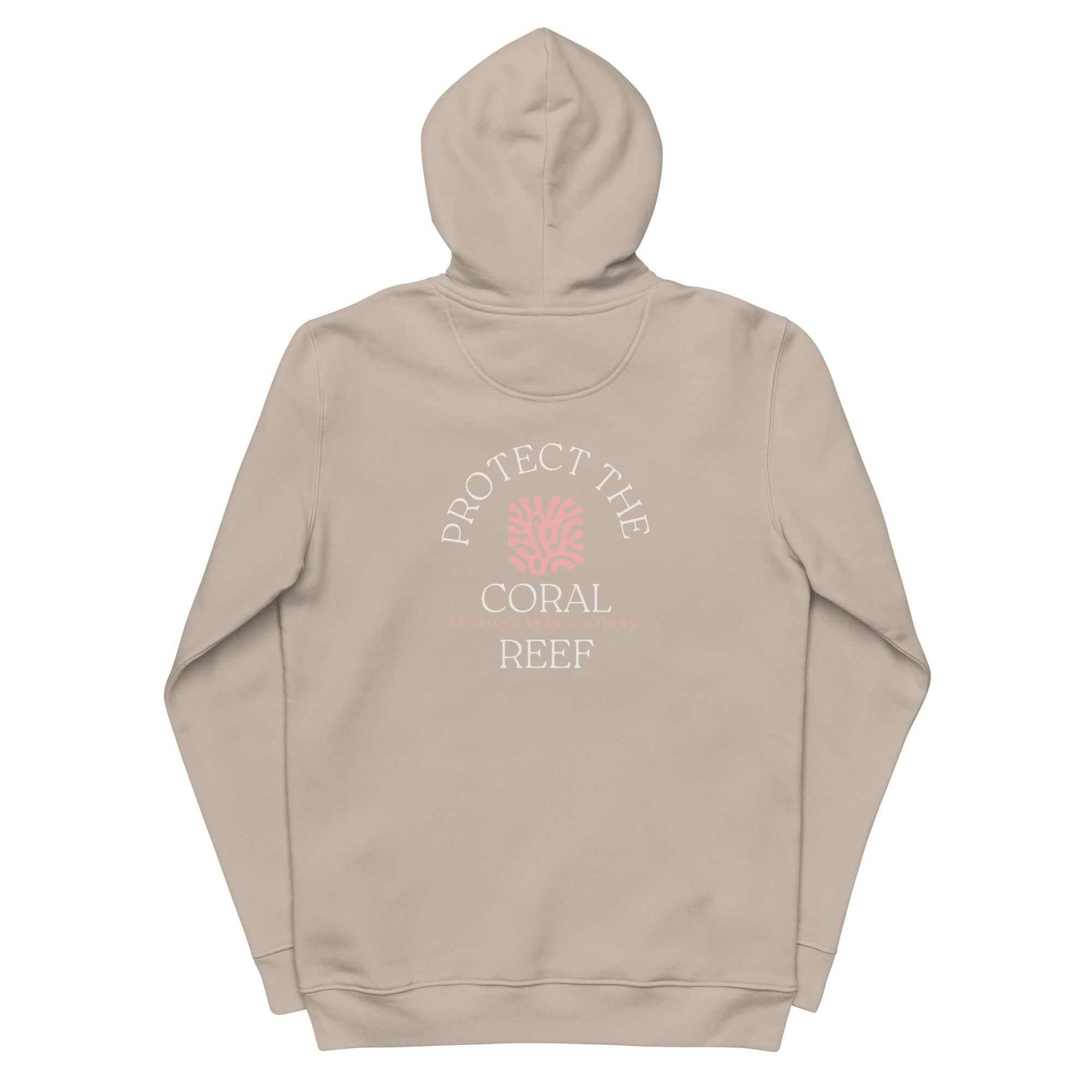Eco-friendly Coral Reef Conservation Hoodie with graphic design promoting reef protection. Made from organic cotton and recycled polyester.