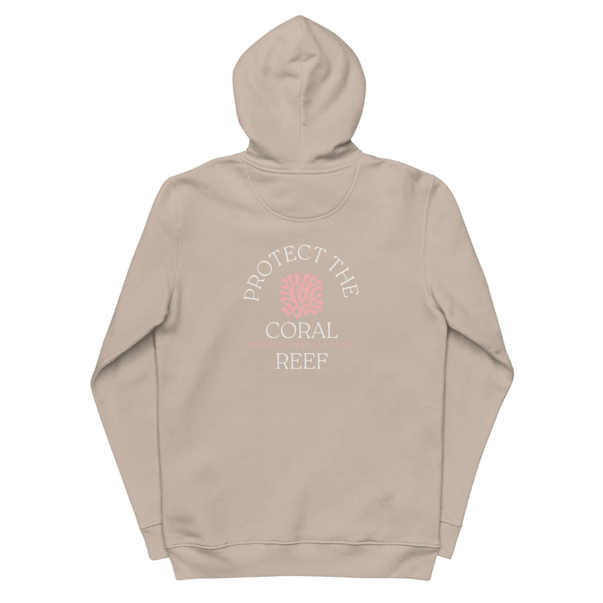 Eco-friendly Coral Reef Conservation Hoodie with graphic design promoting reef protection. Made from organic cotton and recycled polyester.