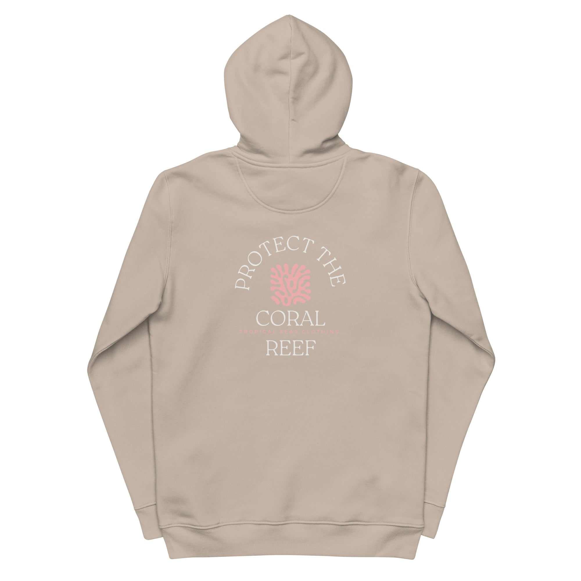 Eco-friendly Coral Reef Conservation Hoodie with graphic design promoting reef protection. Made from organic cotton and recycled polyester.