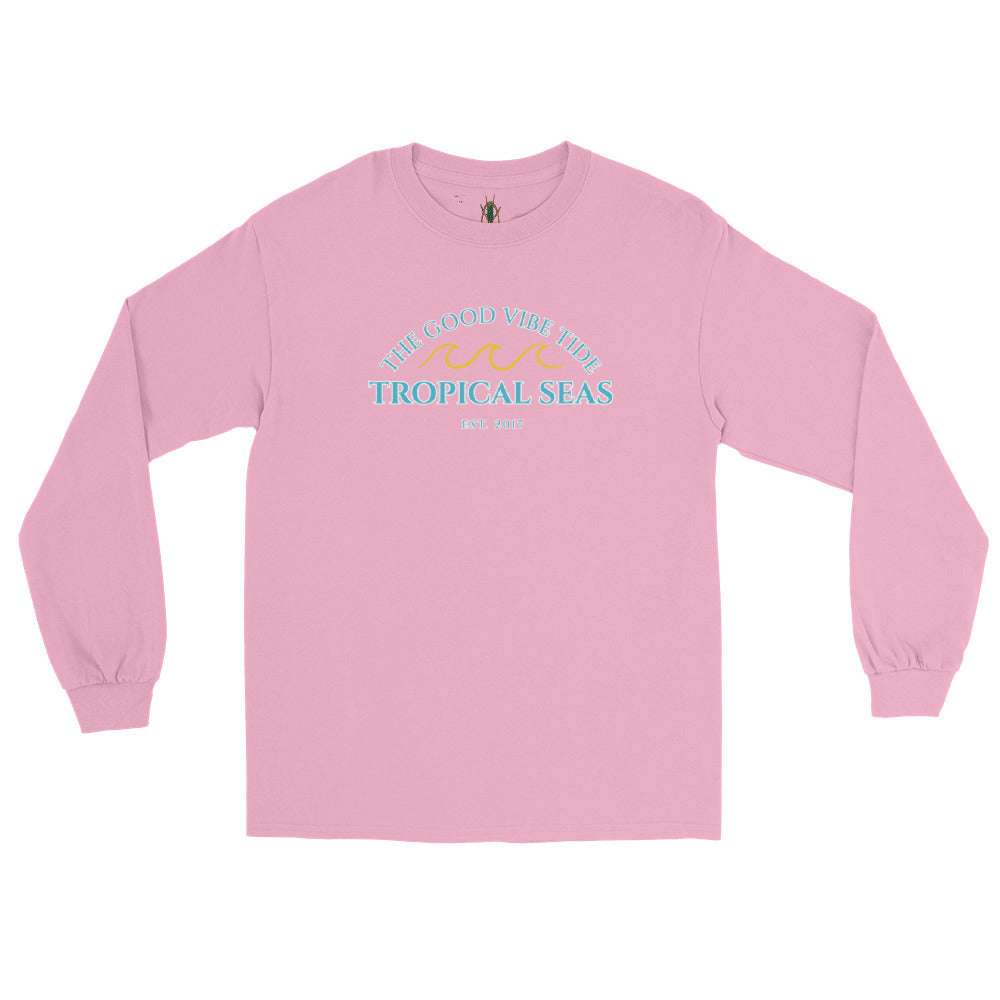 Men's Easy Wave Long Sleeve Shirt with tropical design in pink, ideal for beach and island style.