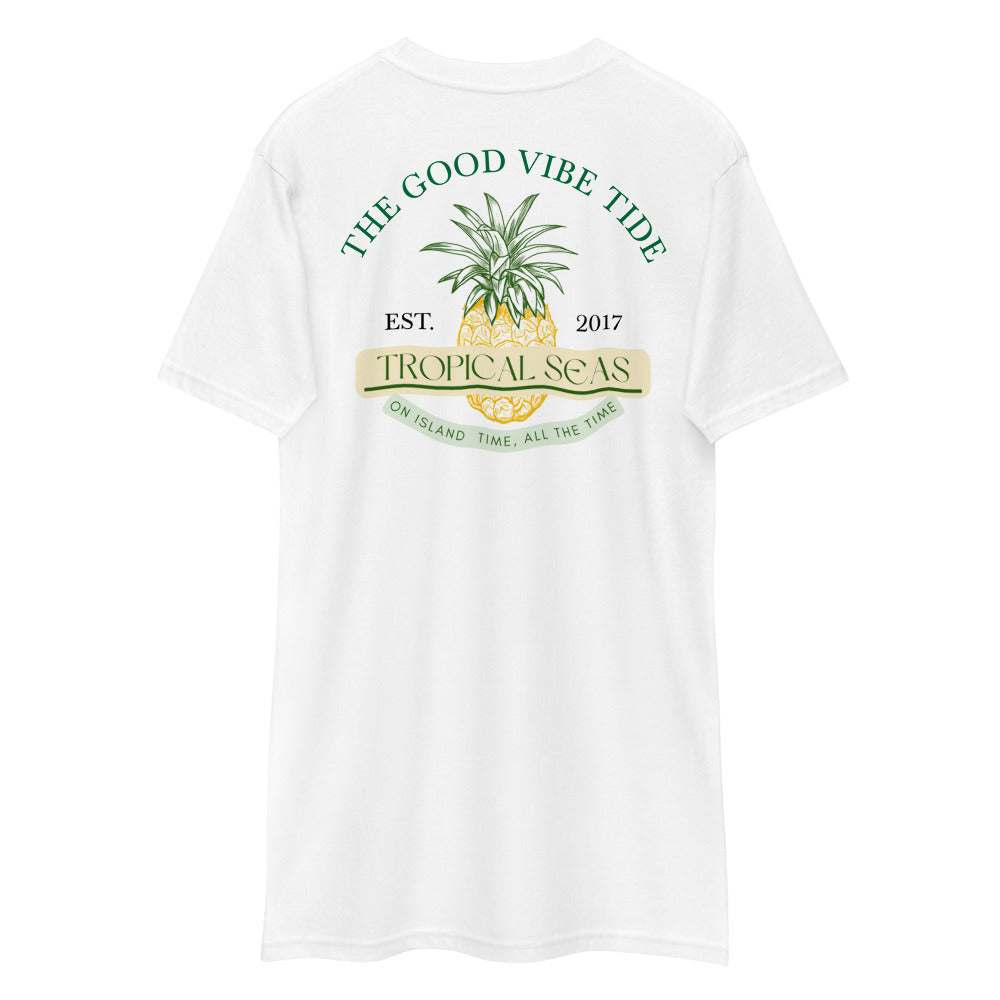 Men's Tropical Island Time T-shirt with pineapple print and text, classic fit, durable cotton.