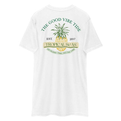 Men's Tropical Island Time T-shirt with pineapple print and text, classic fit, durable cotton.