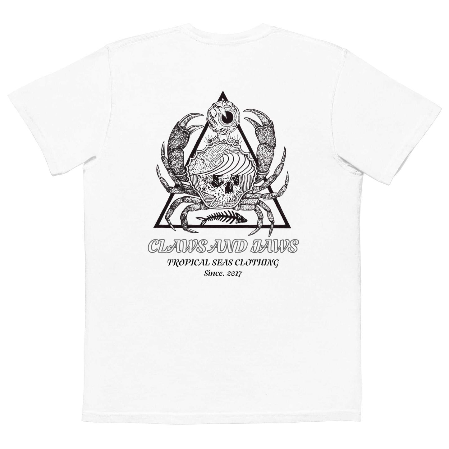 Men's Claws and Jaws Pocket T-shirt white with black oceanic claw and jaw graphic on back