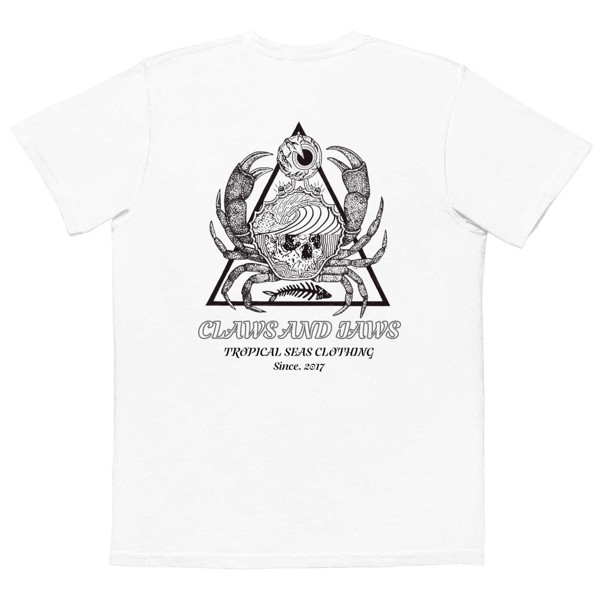 Men's Claws and Jaws Pocket T-shirt white with black oceanic claw and jaw graphic on back