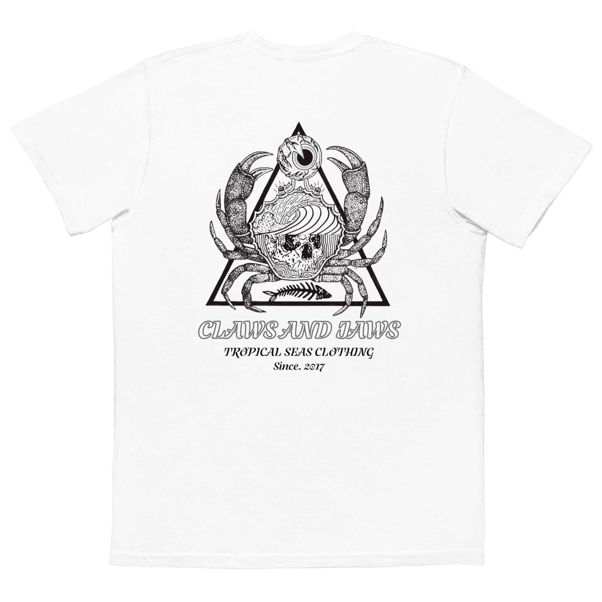 Men's Claws and Jaws Pocket T-shirt white with black oceanic claw and jaw graphic on back
