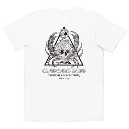 Men's Claws and Jaws Pocket T-shirt white with black oceanic claw and jaw graphic on back