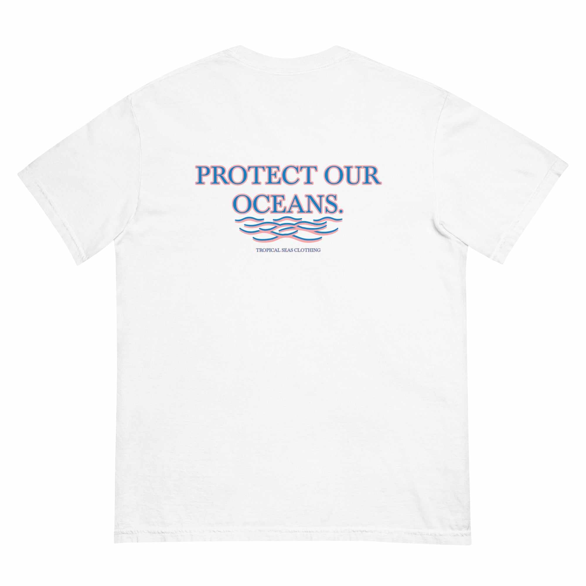 White men's T-shirt with "Protect Our Oceans" text and wave graphic on the back for ocean conservation awareness