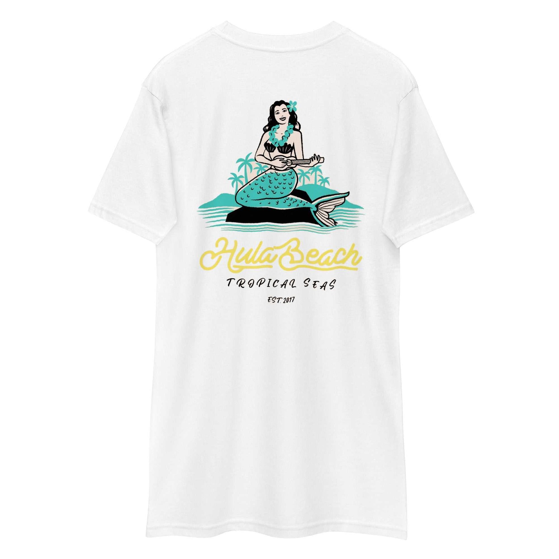 Men's Premium Hula Beach Tropical T-shirt white tee with mermaid and tropical design on back
