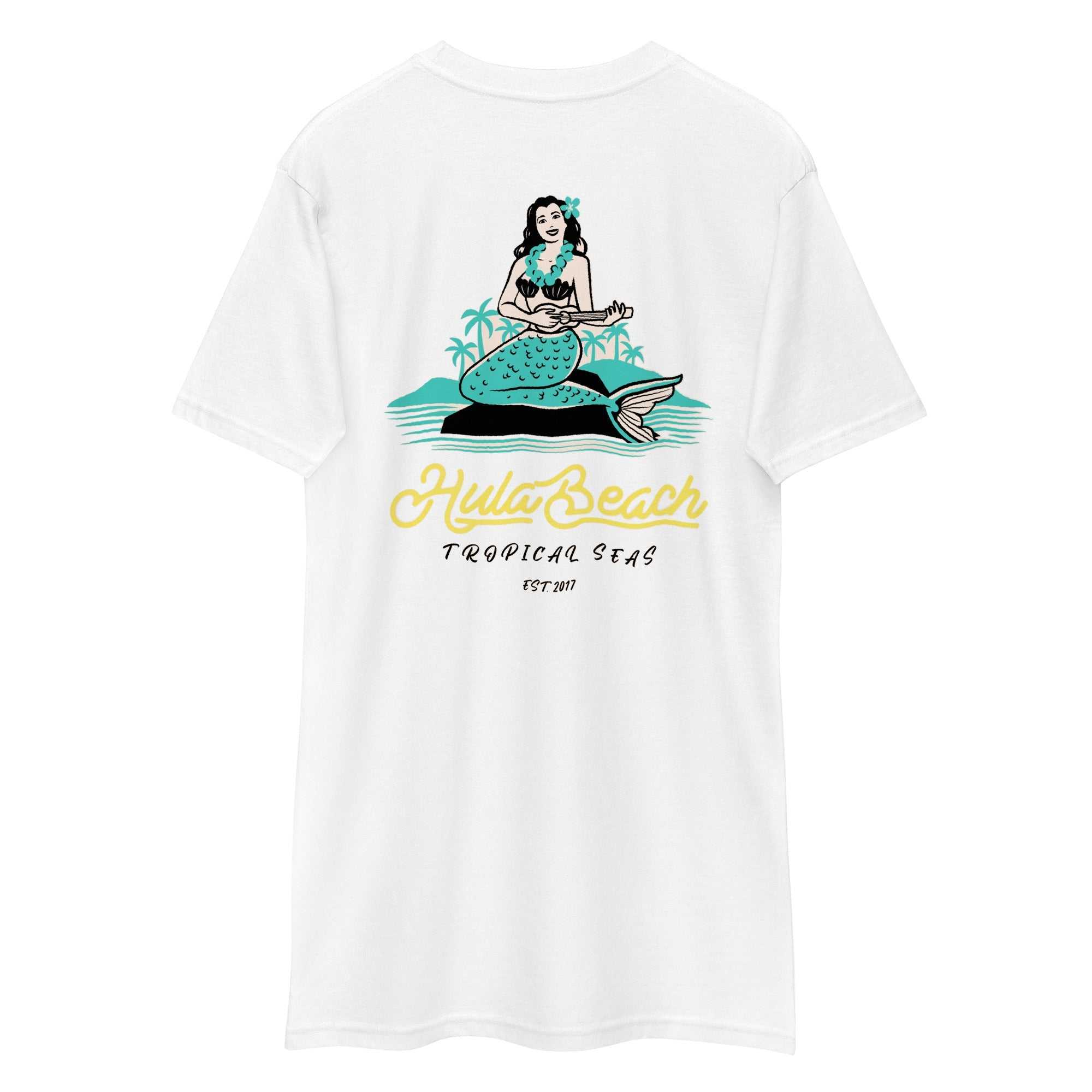 Men's Premium Hula Beach Tropical T-shirt white tee with mermaid and tropical design on back