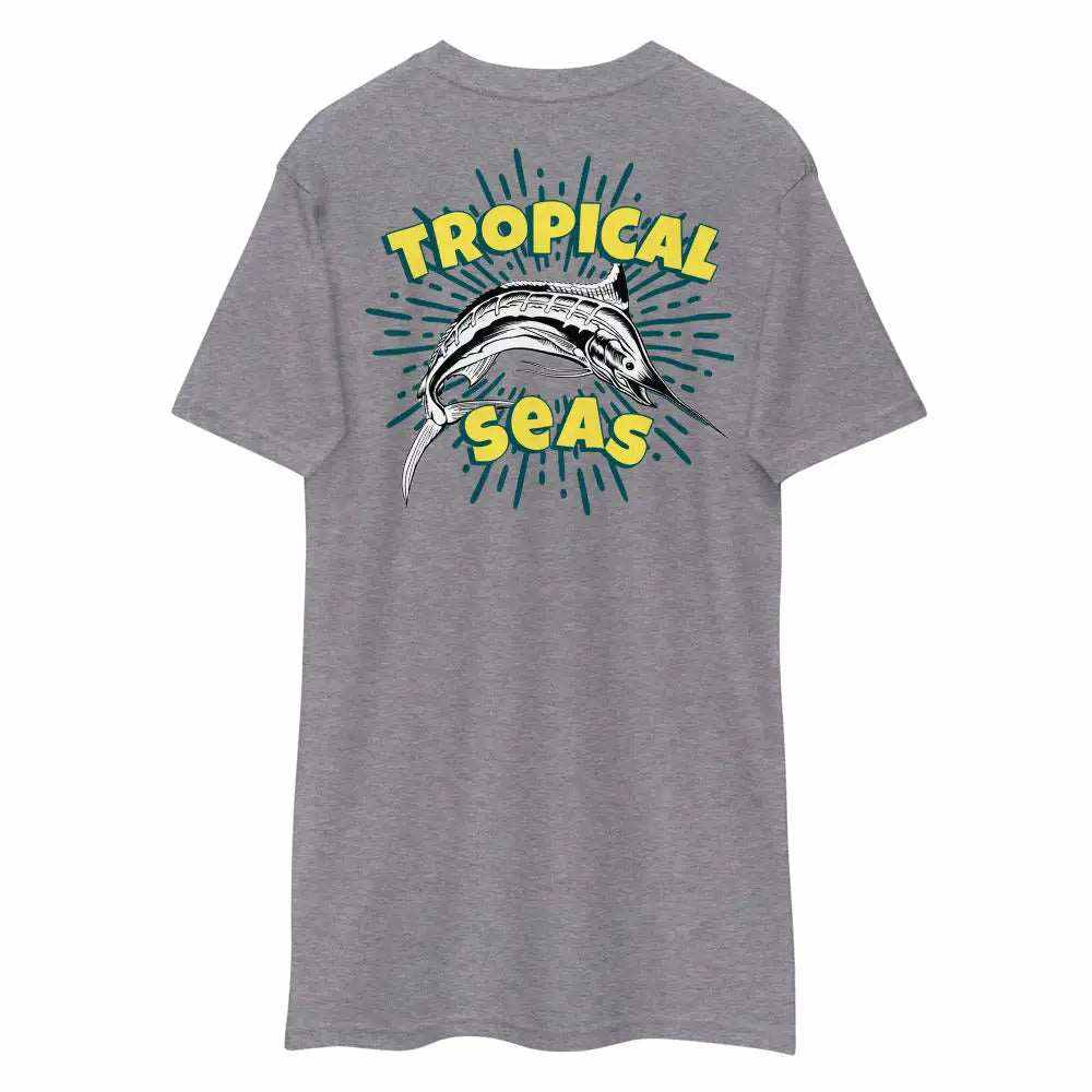 Grey Tropical Funky Sailfish T-shirt with bright sailfish and "Tropical Seas" text design on the back
