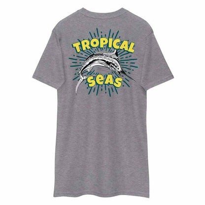 Grey Tropical Funky Sailfish T-shirt with bright sailfish and "Tropical Seas" text design on the back