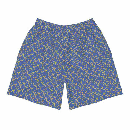 Mens Gold Coast Shorts featuring blue fabric with yellow wave pattern and elastic waistband
