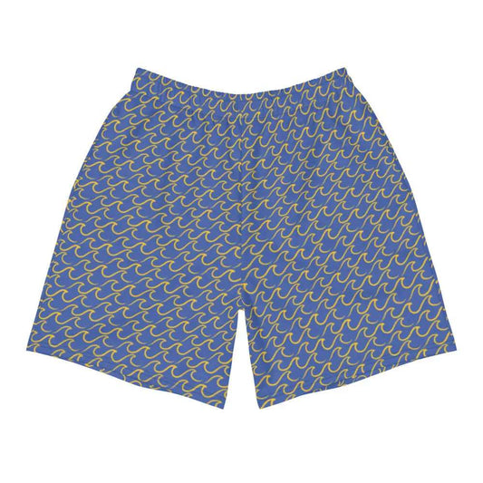 Mens Gold Coast Shorts with tropical wave pattern, featuring four-way stretch, water-repellent microfiber fabric, elastic waistband, and mesh side pockets.