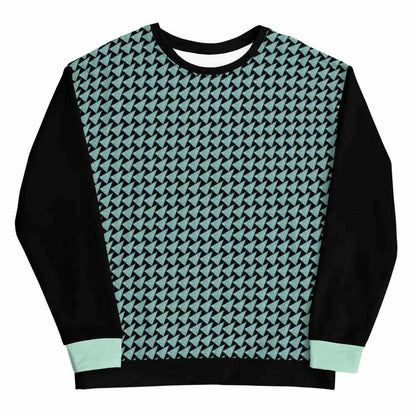 Men's Late Night Slice Sweatshirt with black sleeves and geometric patterned front in teal and black, casual and cozy design