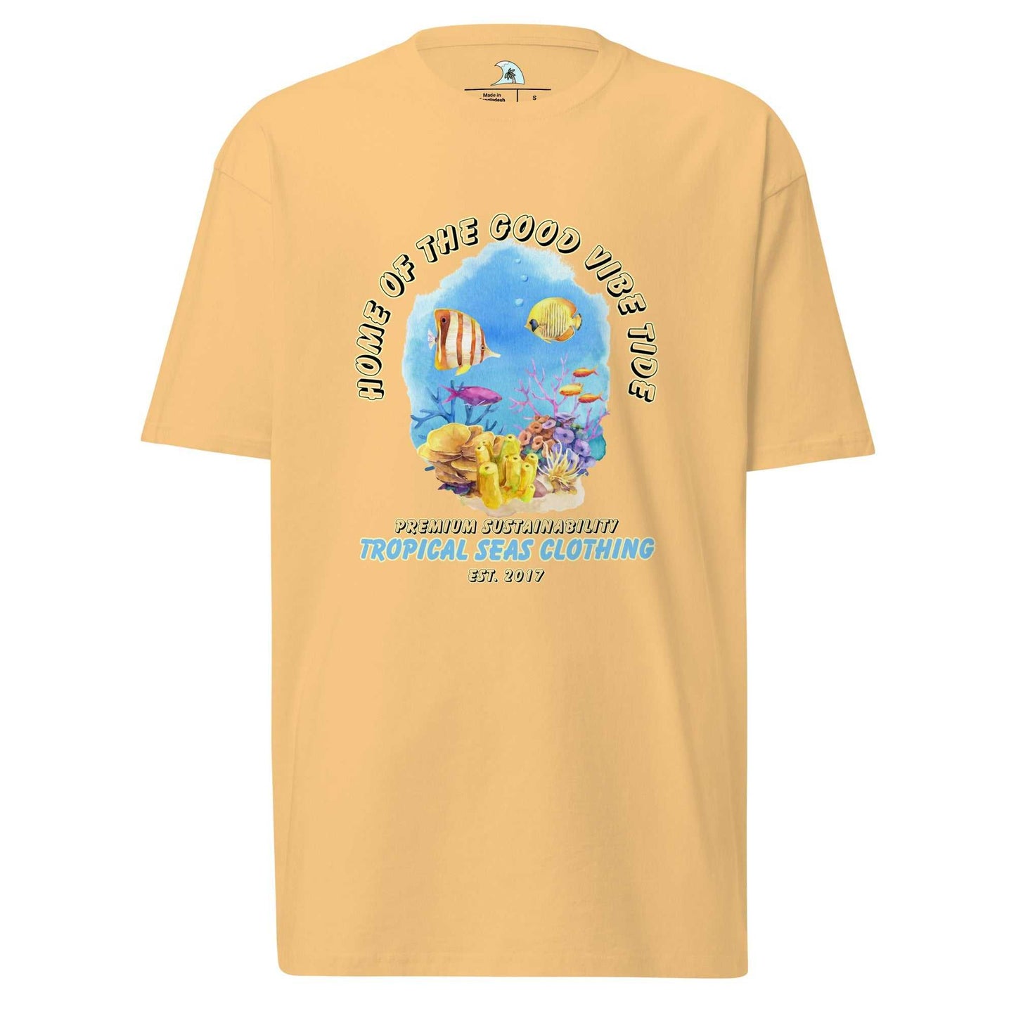 Men’s Premium Heavyweight Watercolor Reef tee with vibrant coral reef design featuring tropical fish.