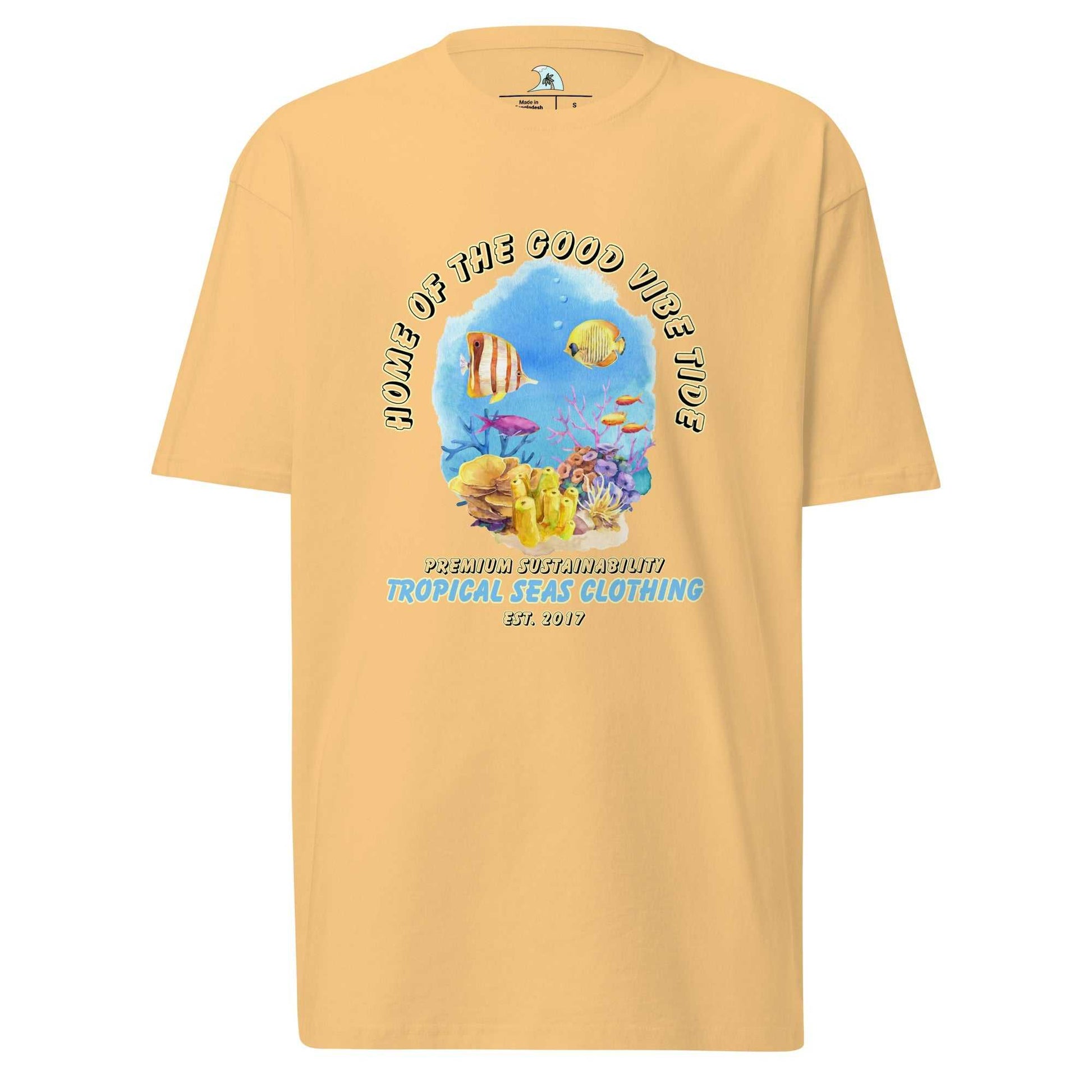 Men’s Premium Heavyweight Watercolor Reef tee with vibrant coral reef design featuring tropical fish.