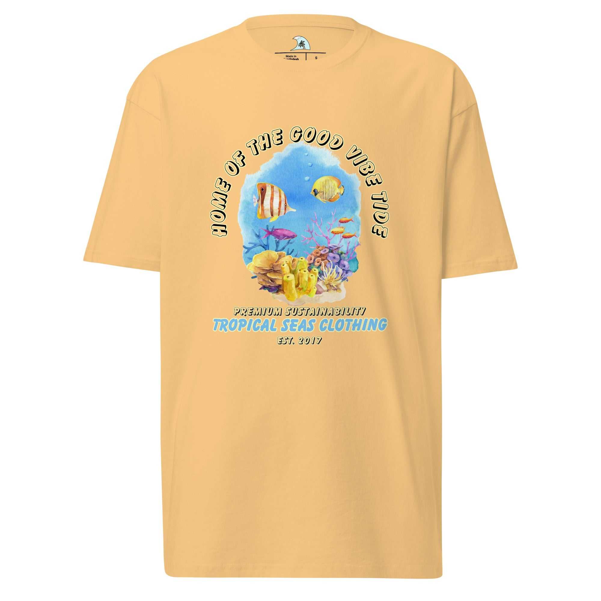 Men’s Premium Heavyweight Watercolor Reef tee with vibrant coral reef design featuring tropical fish.
