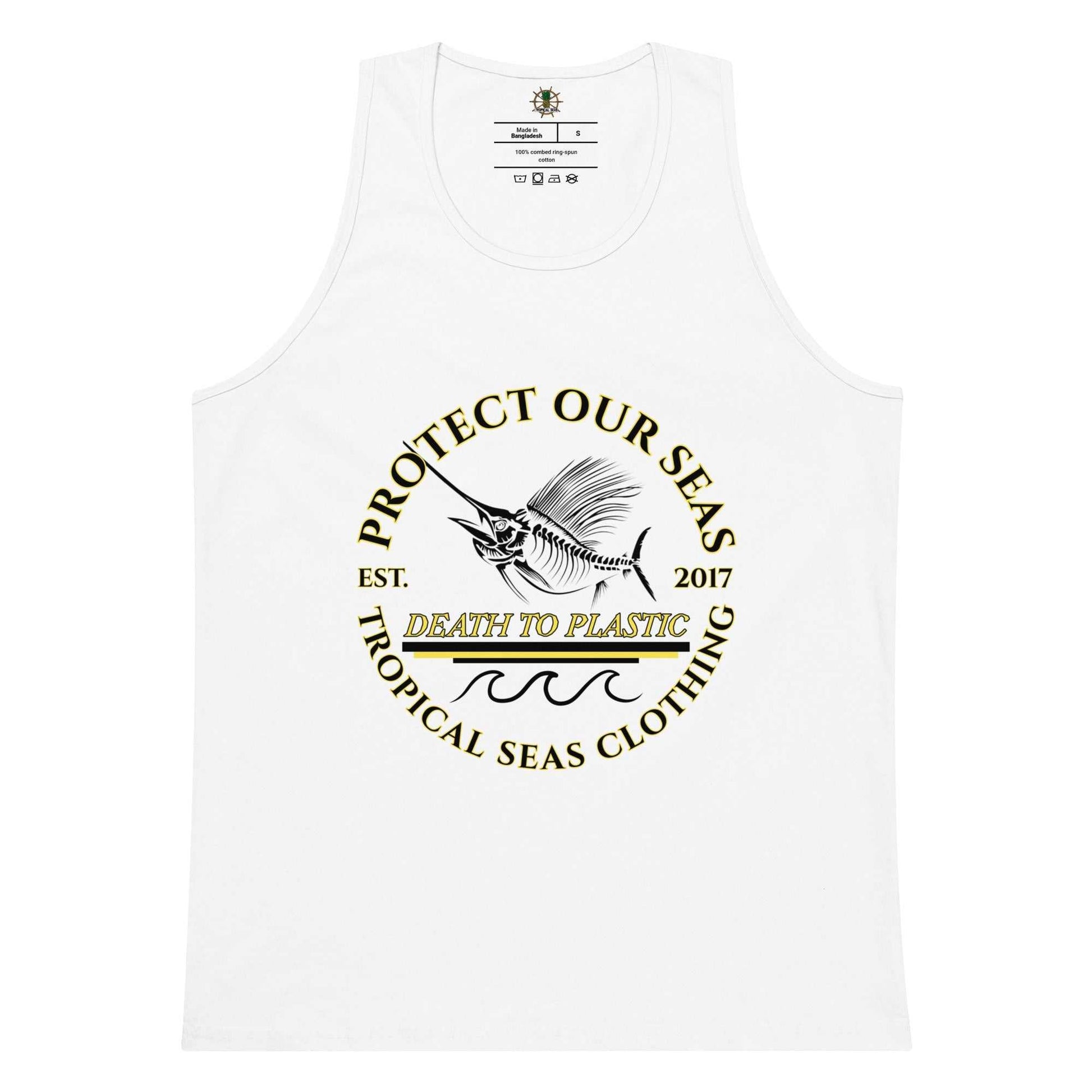 Men's Premium Death to Plastic Tank Top with printed design and soft-washed fabric.