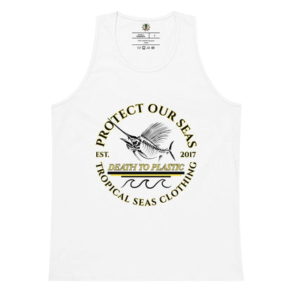 Men's Premium Death to Plastic Tank Top with printed design and soft-washed fabric.