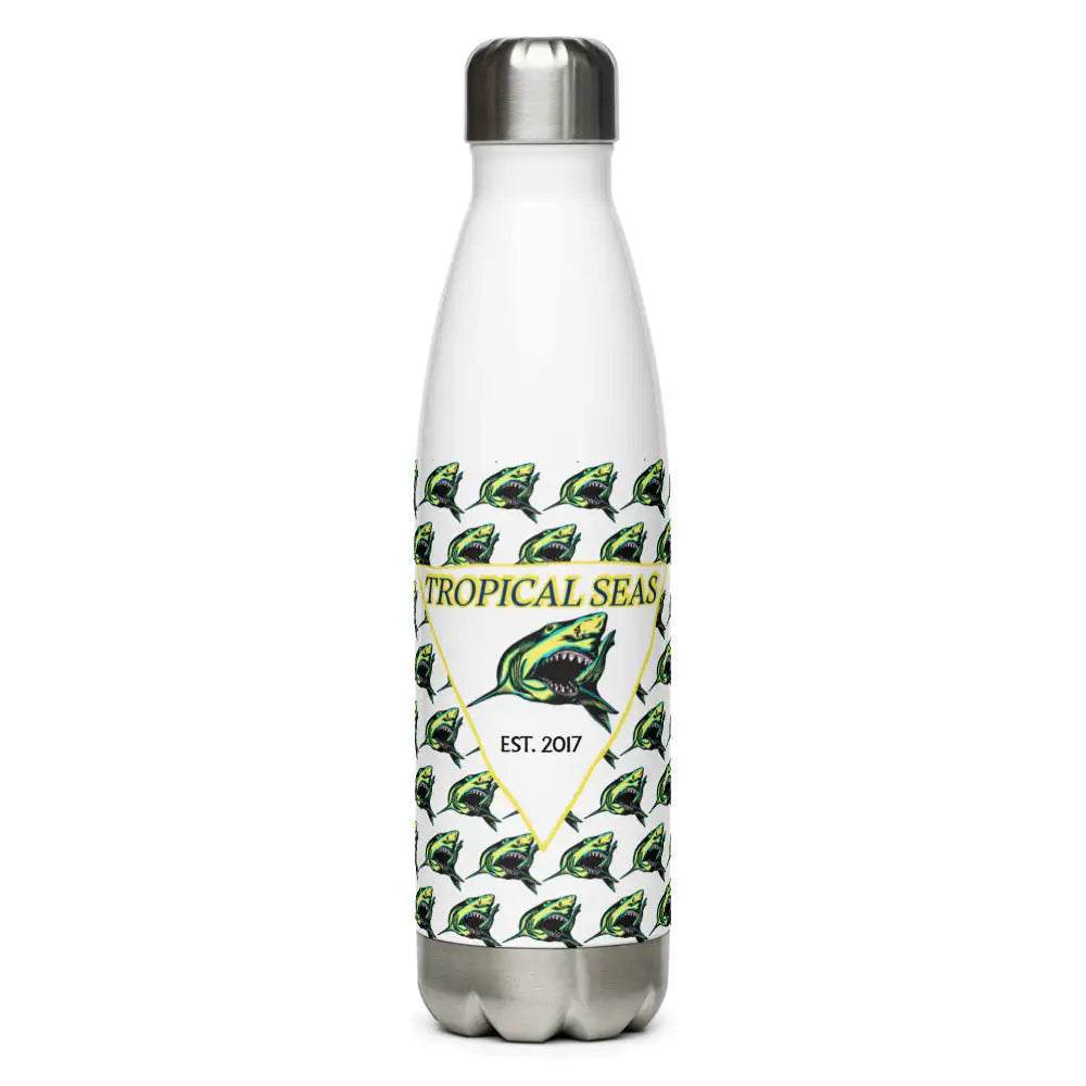 Sharky Stainless Steel Water Bottle with tropical shark design, vacuum insulated for hot and cold drinks, leak-proof cap, and durable stainless steel construction.
