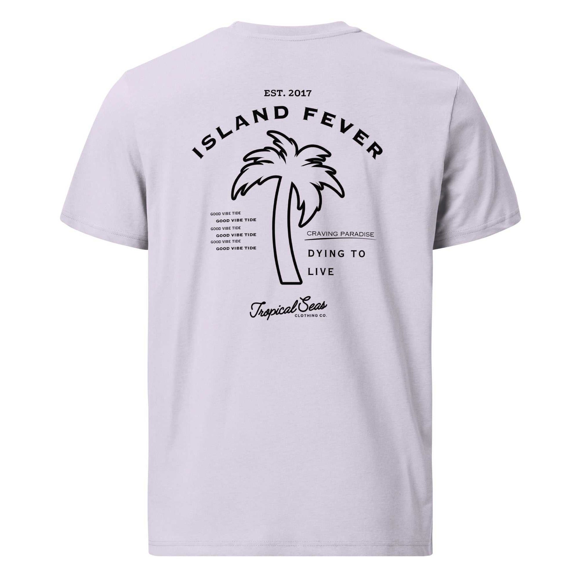 Island Fever Organic Cotton t-shirt with palm tree design, eco-friendly and unisex.