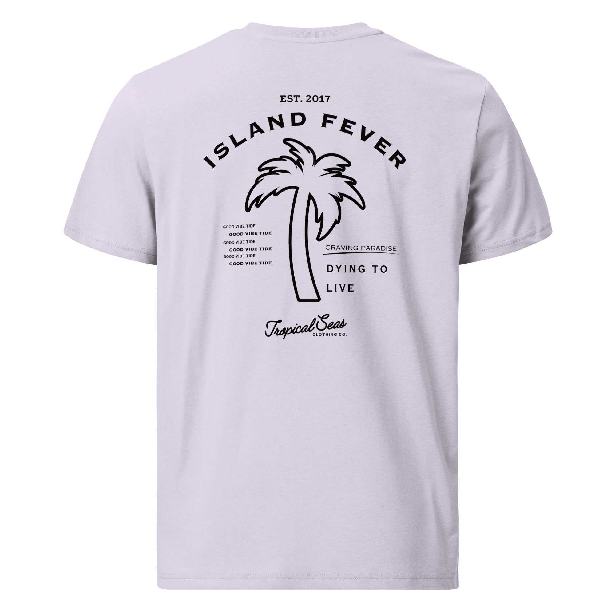 Island Fever Organic Cotton t-shirt with palm tree design, eco-friendly and unisex.