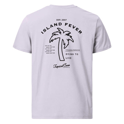 Island Fever Organic Cotton t-shirt with palm tree design, eco-friendly and unisex.
