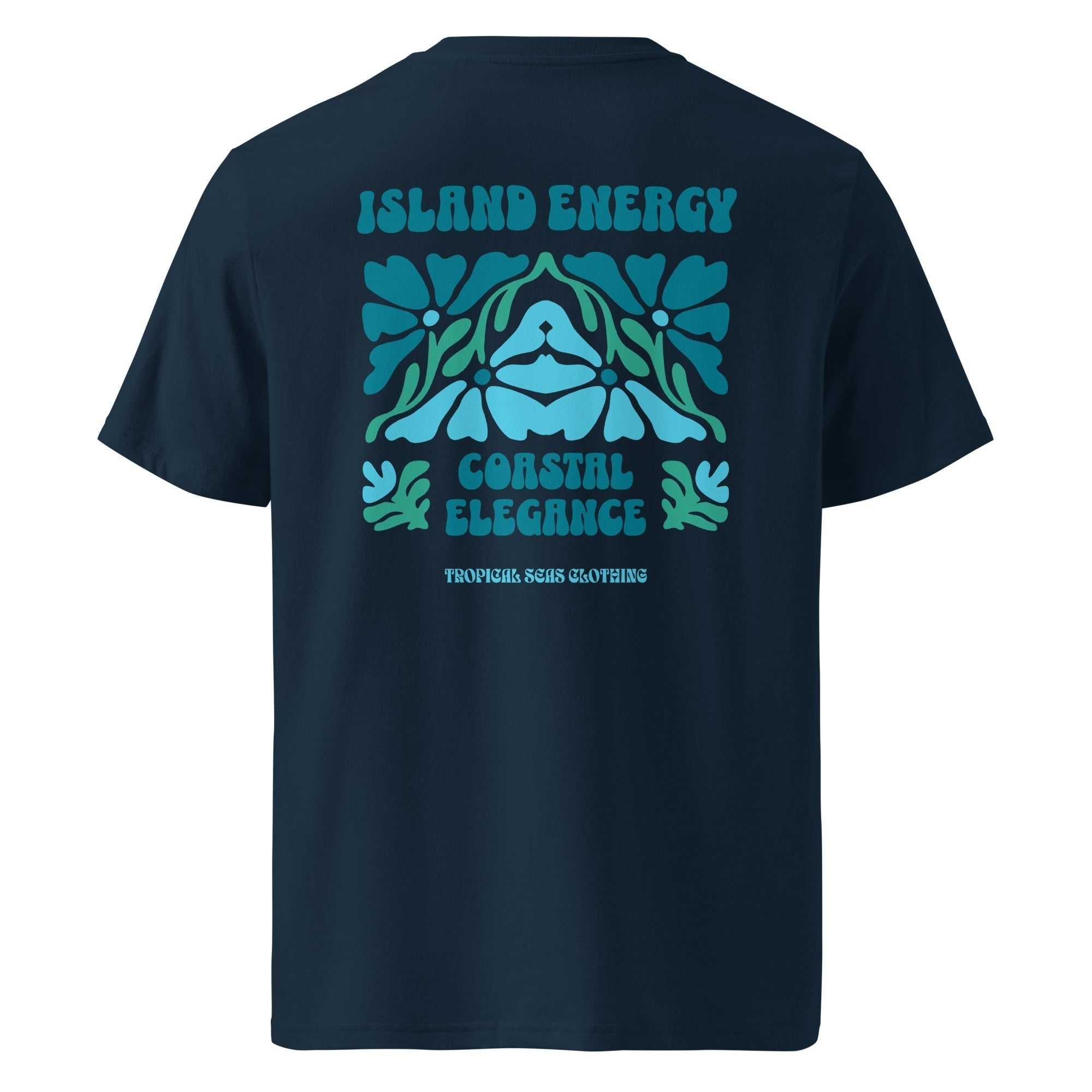 Island Energy Coastal Elegance Tee navy unisex organic cotton t-shirt with coastal artwork on back and embroidered wave logo on front