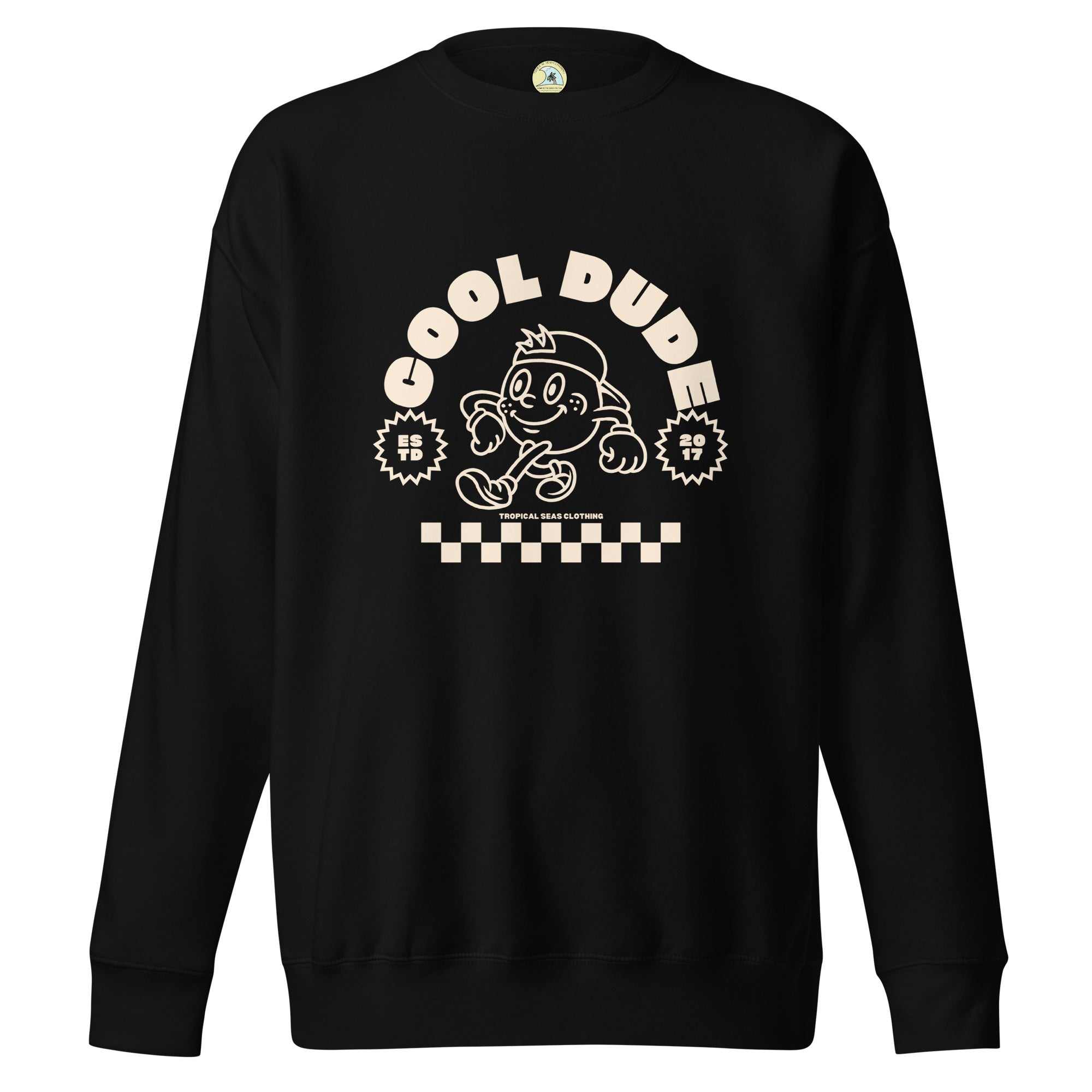 Cool Dude Surfer Premium Sweatshirt with ribbed crew neck and cartoon graphic design.