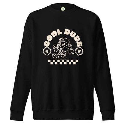 Cool Dude Surfer Premium Sweatshirt with ribbed crew neck and cartoon graphic design.