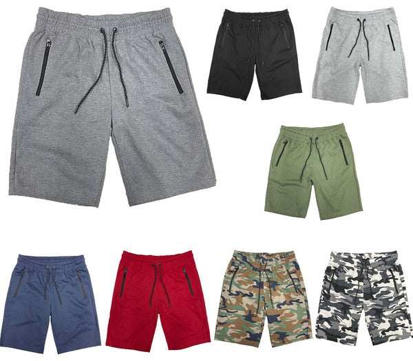 Cotton blend lounge sweat shorts with elastic waist, drawstring, zipper pockets, and Velcro back pocket in various colors and patterns.