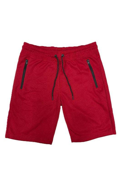 COTTON BLEND lounge sweat shorts with elastic waist and drawstring, featuring zipper pockets and red color.