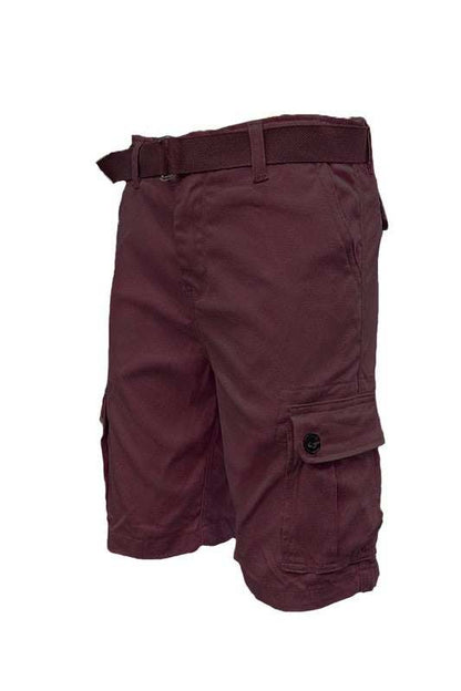 Weiv Mens Belted Cargo Shorts with buckle belt and button pockets.