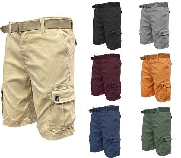 Belted cargo shorts for men in various colors with side pockets and a stylish belt.