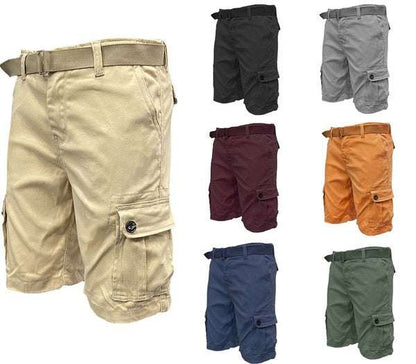 Belted cargo shorts for men in various colors with side pockets and a stylish belt.