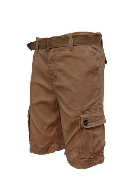 Weiv Mens Belted Cargo Shorts with buckle belt, khaki, knee length, multiple pockets.