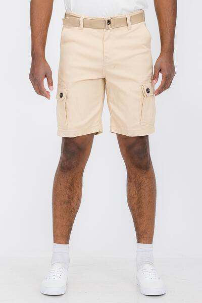 Weiv Men's belted cargo shorts with side pockets and tan belt.