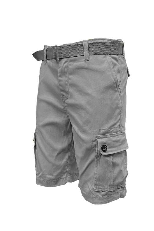 Weiv Mens Belted Cargo Shorts with Belt, gray, knee-length, multiple pockets, stylish buckle belt, cotton-elastane blend for comfort and flexibility.