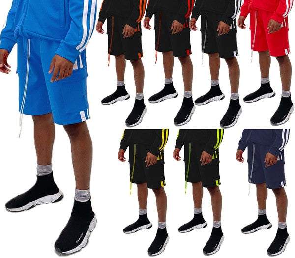 Two Stripe Cargo Pouch Shorts in various colors with elastic waist and cargo pockets.