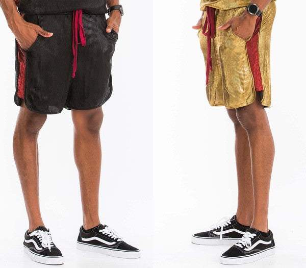 METALLIC FLICK SHORTS in black and gold, slightly above knee length, USA made.