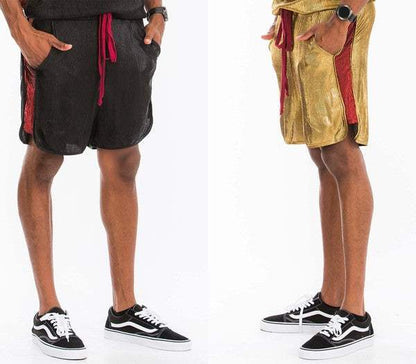 METALLIC FLICK SHORTS in black and gold, slightly above knee length, USA made.